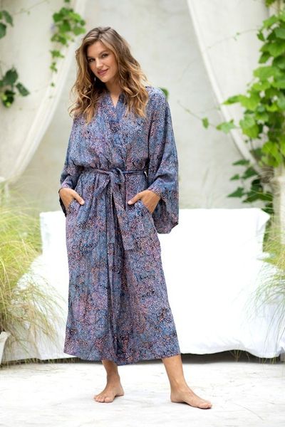 Alternate image for Handcrafted Blue Peach Batik Rayon Robe from Indonesia Bewildering Maze