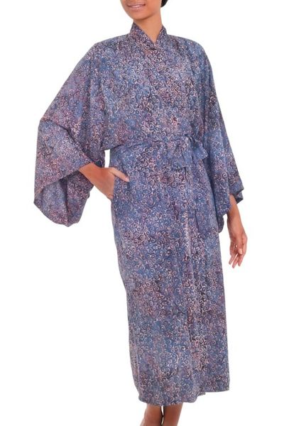 Alternate image for Handcrafted Blue Peach Batik Rayon Robe from Indonesia Bewildering Maze