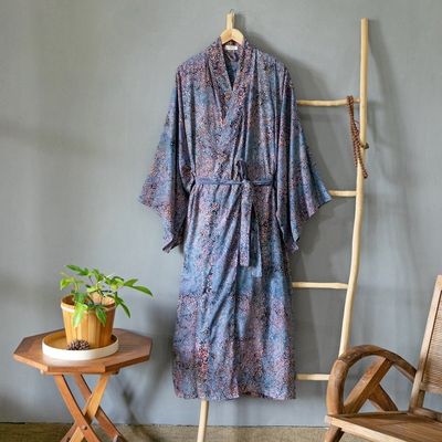 Alternate image for Handcrafted Blue Peach Batik Rayon Robe from Indonesia Bewildering Maze