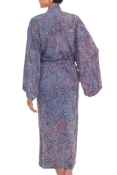 Alternate image for Handcrafted Blue Peach Batik Rayon Robe from Indonesia Bewildering Maze