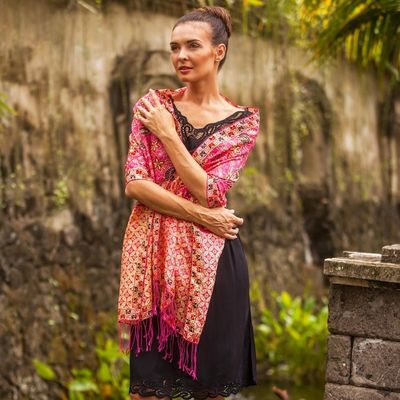 Main image for Batik Silk Shawl with Fuchsia Floral Motifs from Bali Kawung Plains in Fuchsia
