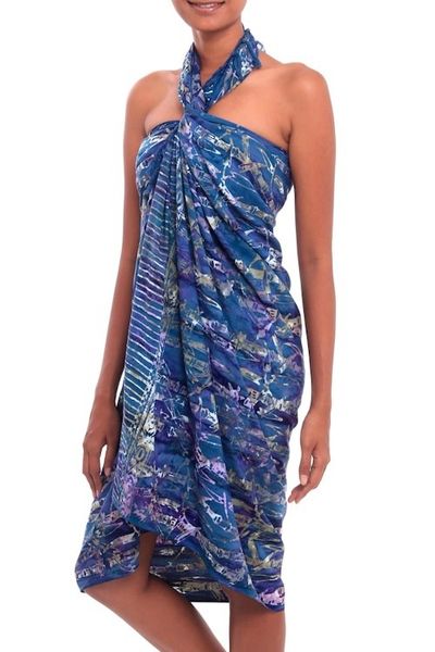 Alternate image for Leaf Motif Batik Rayon Sarong in Purple from Bali Dawning Mystery in Purple
