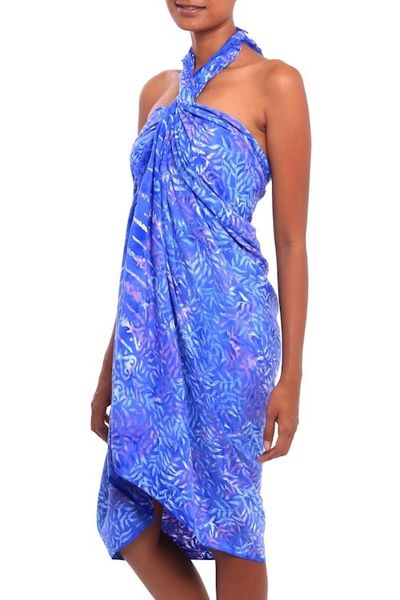 Alternate image for Leaf Motif Batik Rayon Sarong in Sky Blue from Bali Heavenly Palm