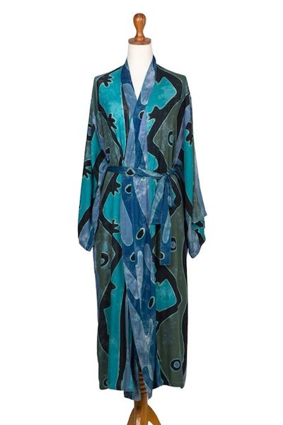 Alternate image for Teal Black and Blue Rayon Batik Long Sleeved Lounge Robe Atmosphere
