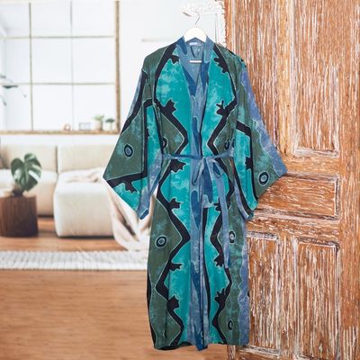 Alternate image for Teal Black and Blue Rayon Batik Long Sleeved Lounge Robe Atmosphere