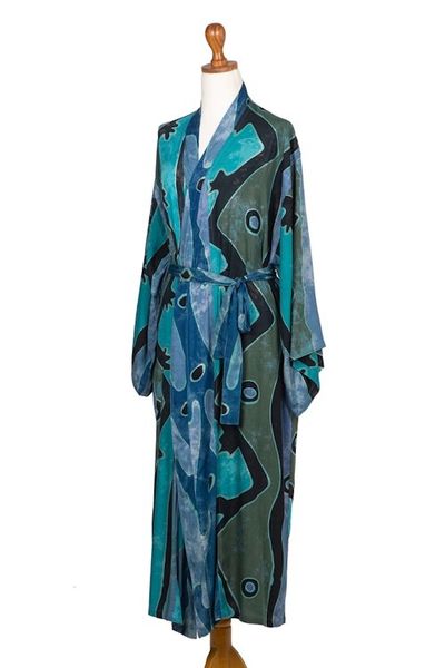 Alternate image for Teal Black and Blue Rayon Batik Long Sleeved Lounge Robe Atmosphere