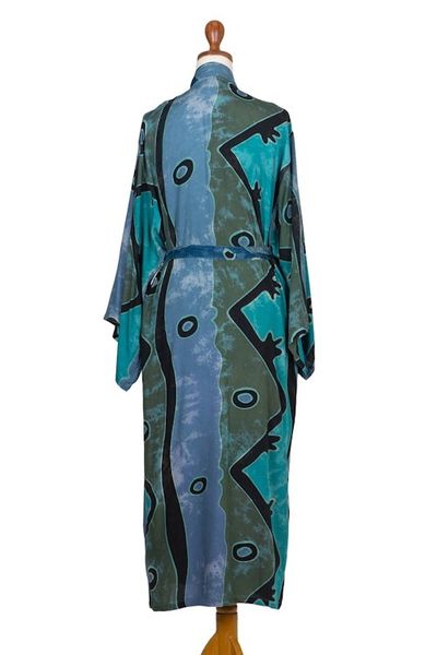 Alternate image for Teal Black and Blue Rayon Batik Long Sleeved Lounge Robe Atmosphere