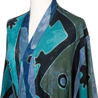 Alternate image for Teal Black and Blue Rayon Batik Long Sleeved Lounge Robe Atmosphere