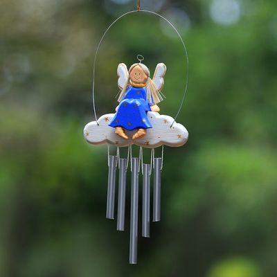 Alternate image for Angel-Themed Wood Wind Chime in Blue from Bali Angel Tune in Blue