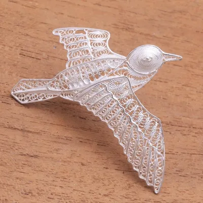 Alternate image for Sterling Silver Filigree Pigeon Brooch from Java Intricate Pigeon