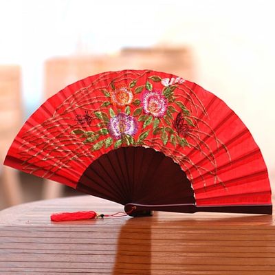Alternate image for Floral Embroidered Silk Hand Fan in Poppy from Bali Poppy Bliss