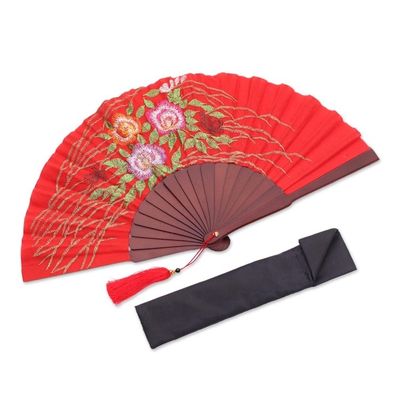 Alternate image for Floral Embroidered Silk Hand Fan in Poppy from Bali Poppy Bliss
