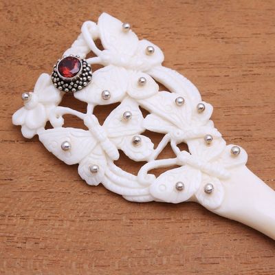 Alternate image for Bone and Garnet Butterfly Hair Pin from Bali Butterfly Love