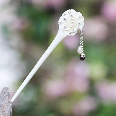 Alternate image for Rose Flower Bone and Cultured Pearl Hair Pin from Bali Studded Rose