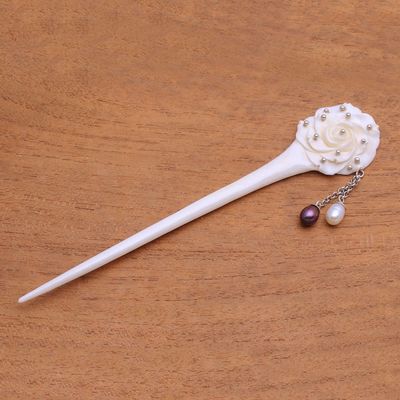Alternate image for Rose Flower Bone and Cultured Pearl Hair Pin from Bali Studded Rose