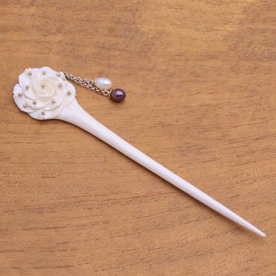 Alternate image for Rose Flower Bone and Cultured Pearl Hair Pin from Bali Studded Rose