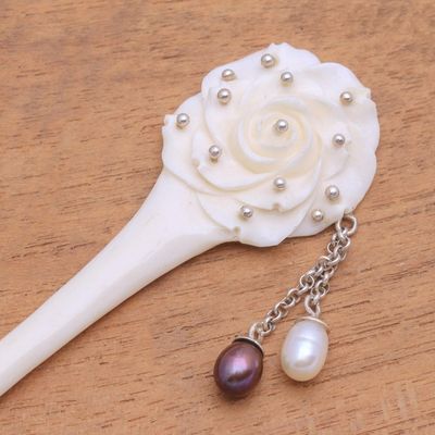 Alternate image for Rose Flower Bone and Cultured Pearl Hair Pin from Bali Studded Rose