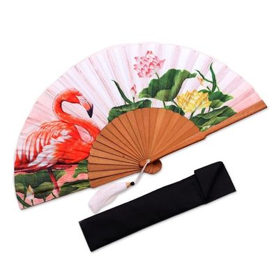 Alternate image for Flamingo-Themes Silk Hand Fan from Bali Cream Garden