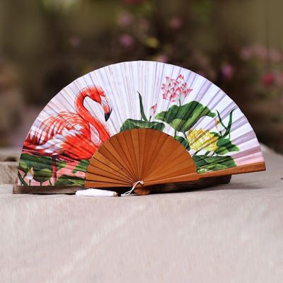 Alternate image for Flamingo-Themes Silk Hand Fan from Bali Cream Garden