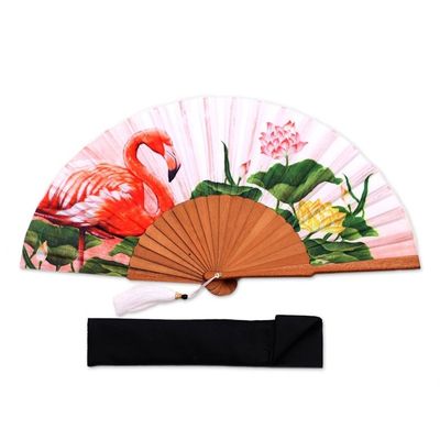 Alternate image for Flamingo-Themes Silk Hand Fan from Bali Cream Garden