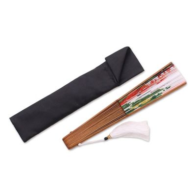 Alternate image for Flamingo-Themes Silk Hand Fan from Bali Cream Garden