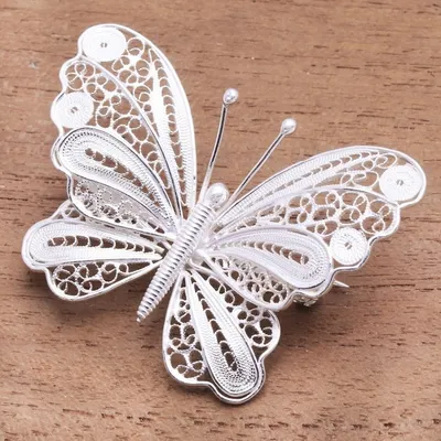 Alternate image for Butterfly Brooch Crafted from Sterling Silver Filigree Mesmerizing Butterfly
