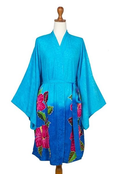 Alternate image for Hand-Painted Blue Rayon Robe from Bali Sky Lotus