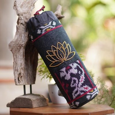 Alternate image for Ikat Cotton Yoga Mat Carrier with Glass Bead Accent Large Lotus Lagoon in Black