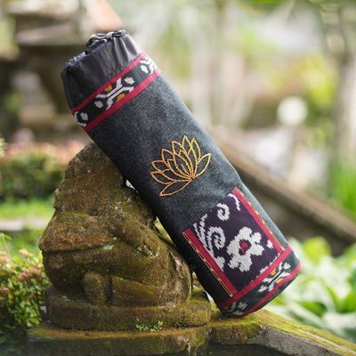 Alternate image for Ikat Cotton Yoga Mat Carrier with Glass Bead Accent Large Lotus Lagoon in Black
