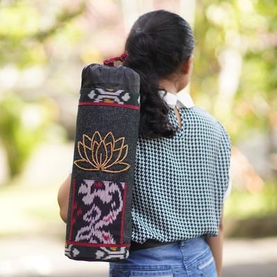 Alternate image for Ikat Cotton Yoga Mat Carrier with Glass Bead Accent Large Lotus Lagoon in Black