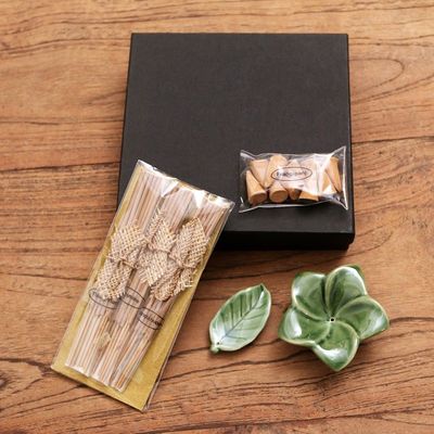 Alternate image for Ceramic Incense Set with Leaf Motif Scented Frangipani
