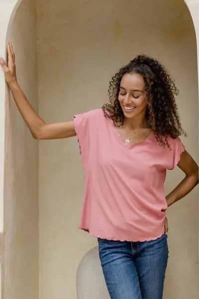 Alternate image for Embroidered Short-Sleeve Pink Rayon Blouse from Bali Timeless in Rose