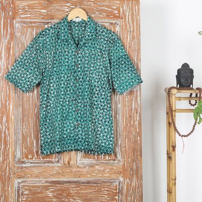 Alternate image for Geometric Batik Cotton Shirt in Green and Black Hues Viridian Gallant