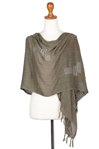 Alternate image for Olive Cotton Shawl with Stitched Boro Details and Fringes Olive Boro
