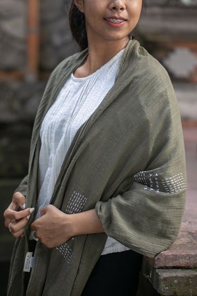 Alternate image for Olive Cotton Shawl with Stitched Boro Details and Fringes Olive Boro