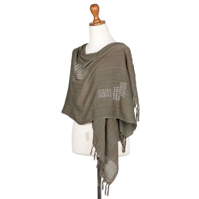 Alternate image for Olive Cotton Shawl with Stitched Boro Details and Fringes Olive Boro