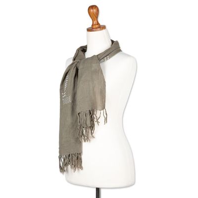 Alternate image for Olive Cotton Shawl with Stitched Boro Details and Fringes Olive Boro