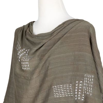Alternate image for Olive Cotton Shawl with Stitched Boro Details and Fringes Olive Boro