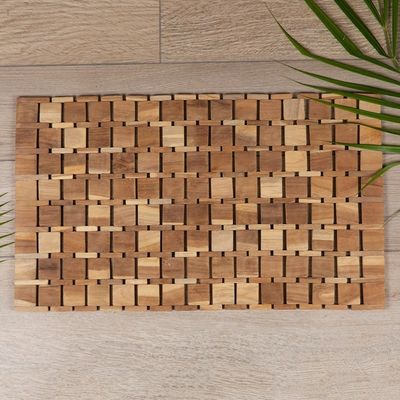 Alternate image for Handcrafted Geometric Natural Brown Teak Wood Mat from Bali Forests Cobblestone