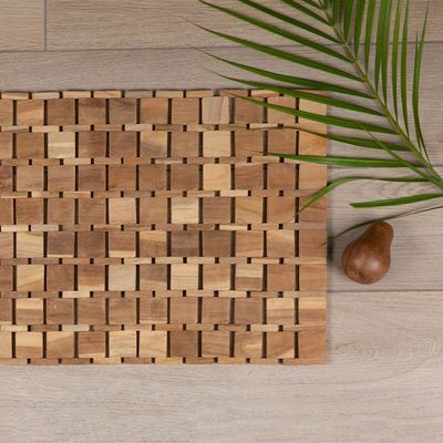 Alternate image for Handcrafted Geometric Natural Brown Teak Wood Mat from Bali Forests Cobblestone