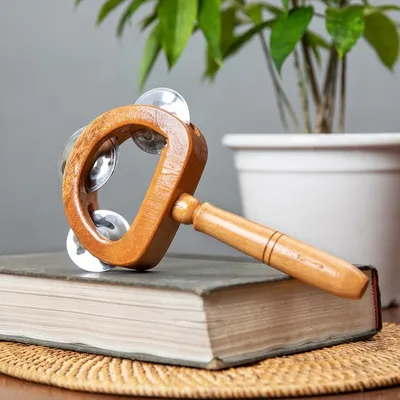 Alternate image for Carved Teak Wood and Stainless Steel Tambourine with Handle Joyous Rhythm