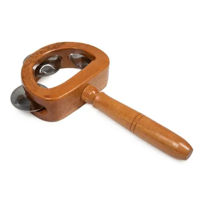 Alternate image for Carved Teak Wood and Stainless Steel Tambourine with Handle Joyous Rhythm
