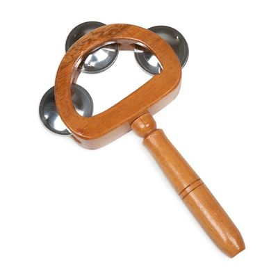 Alternate image for Carved Teak Wood and Stainless Steel Tambourine with Handle Joyous Rhythm