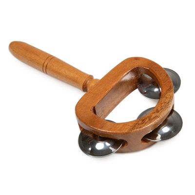 Alternate image for Carved Teak Wood and Stainless Steel Tambourine with Handle Joyous Rhythm