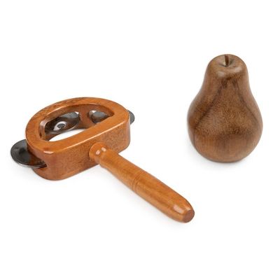 Alternate image for Carved Teak Wood and Stainless Steel Tambourine with Handle Joyous Rhythm