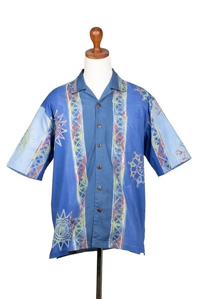 Alternate image for Mens Short-Sleeved Batik Cotton Shirt with Coconut Buttons Coast of Bali