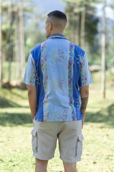 Alternate image for Mens Short-Sleeved Batik Cotton Shirt with Coconut Buttons Coast of Bali