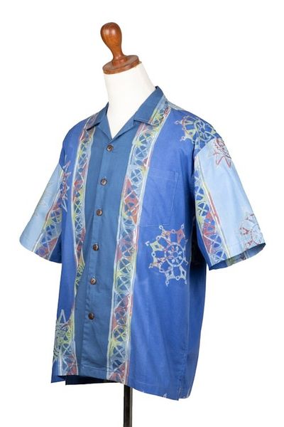 Alternate image for Mens Short-Sleeved Batik Cotton Shirt with Coconut Buttons Coast of Bali