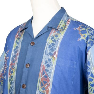 Alternate image for Mens Short-Sleeved Batik Cotton Shirt with Coconut Buttons Coast of Bali