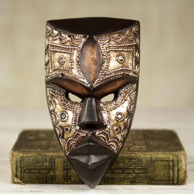Alternate image for Aluminum and Wood African Mask Textured from Ghana Mbara Hunter